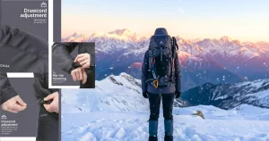 Home 35 Trekker wearing Decathlon NH500 grey jacket facing snowy mountains with insets showing adjustable hood, cuffs, and hem.