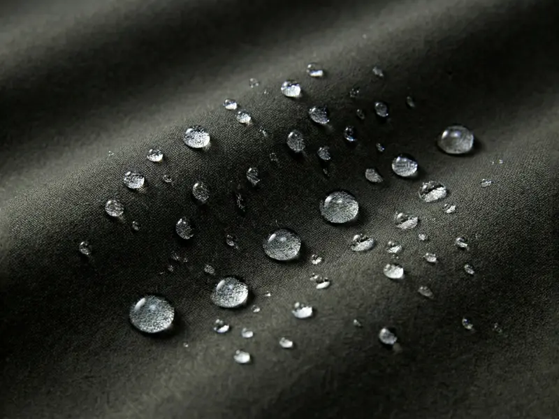 Decathlon SH100 Warm Water-Repellent Hiking Trousers Review: Honest Choice for Winter Treks? 2 Macro shot of water beads sitting on the surface of green hiking trousers without soaking in.