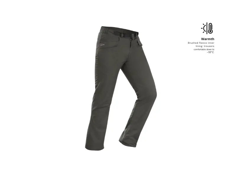 Decathlon SH100 Warm Water-Repellent Hiking Trousers Review: Honest Choice for Winter Treks? 1 Full view of Decathlon SH100 grey warm hiking trousers showing fleece lining icon.