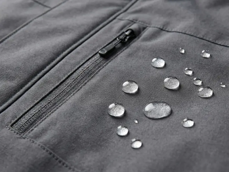 Honest Review of Decathlon NH500 Warm Waterproof Jacket | A Reliable Winter Trekking Option? 2 Water droplets beading up on the grey fabric of the Decathlon NH500 waterproof jacket near the chest pocket.