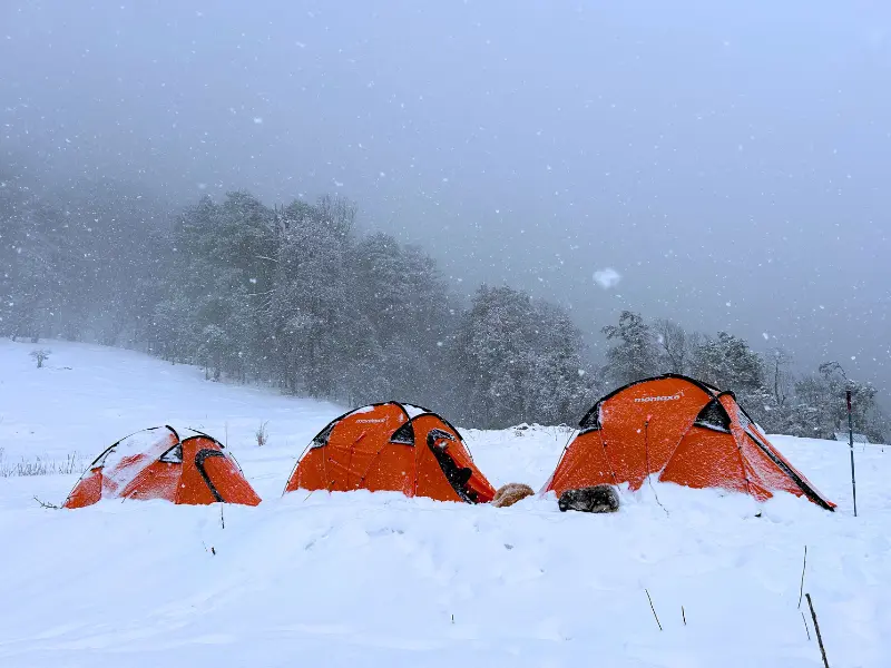 Best Winter Treks In Uttarakhand 4 Winter camping tents set up in deep snow during Gulabi Kantha trek