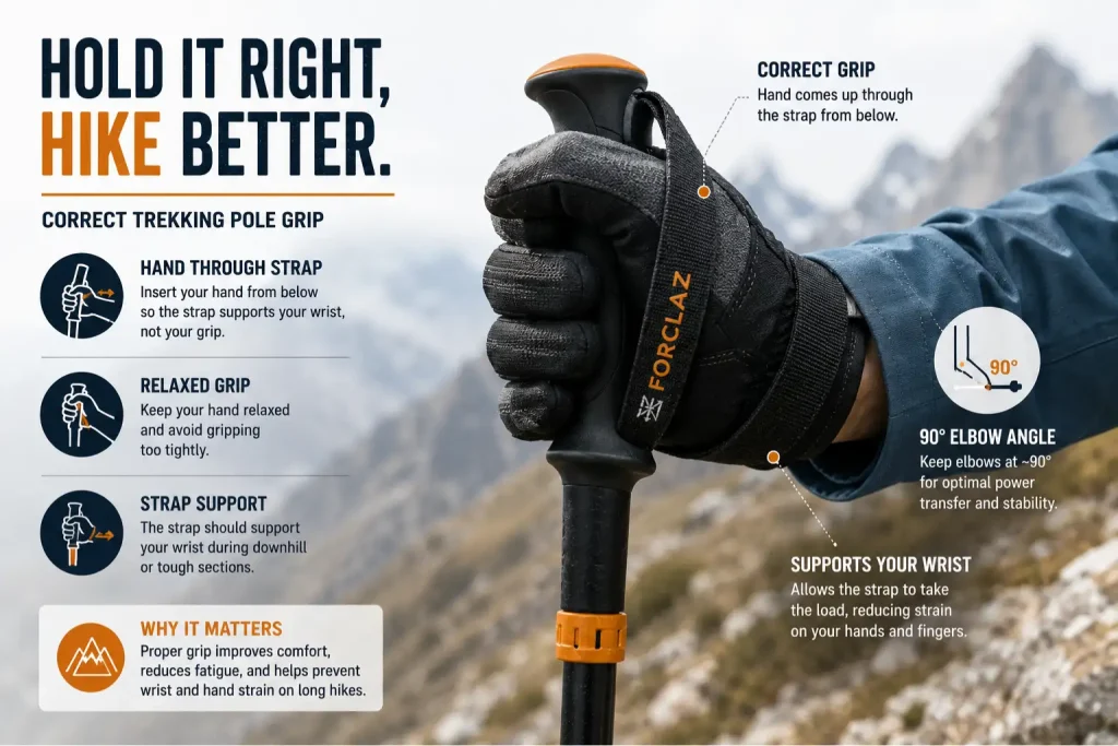 Why Every Trekker Should Carry a Trekking Pole on Himalayan Treks – A Complete Guide 5 Correct trekking pole wrist strap and grip technique