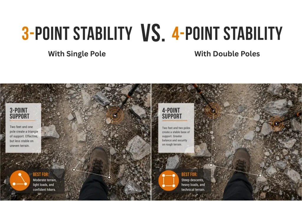 Why Every Trekker Should Carry a Trekking Pole on Himalayan Treks – A Complete Guide 4 Comparison of single and double trekking pole support systems
