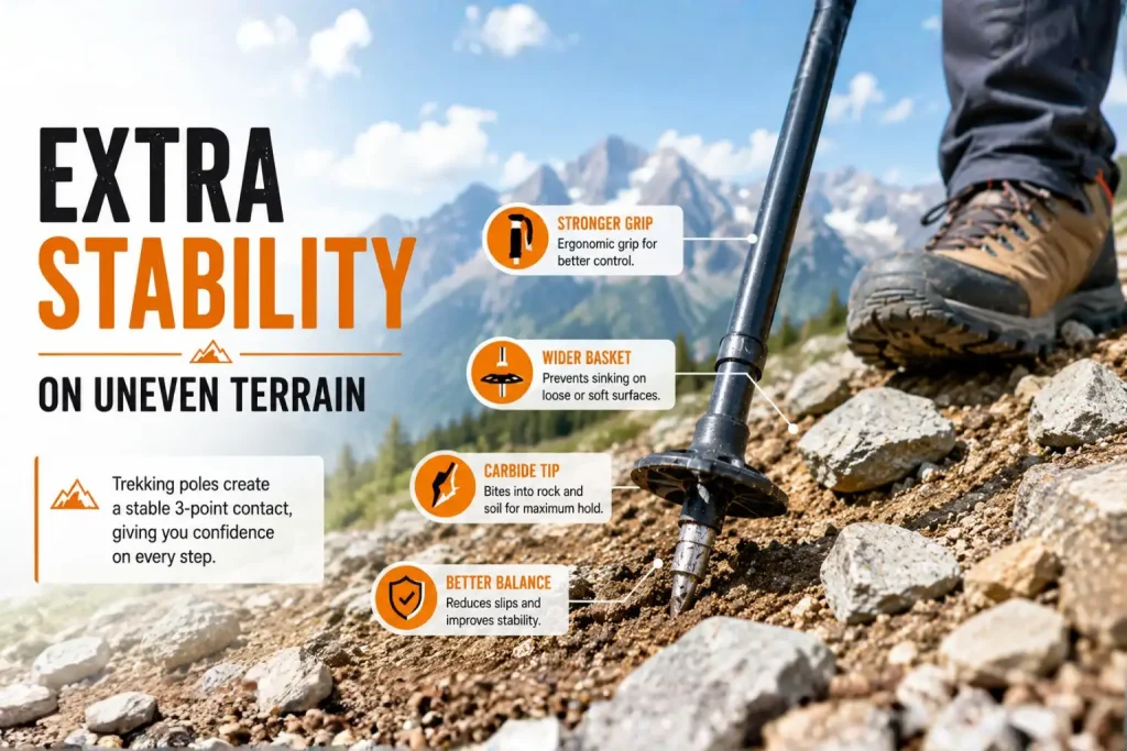 Why Every Trekker Should Carry a Trekking Pole on Himalayan Treks – A Complete Guide 1 Trekking pole tips gripping loose rocky mountain terrain