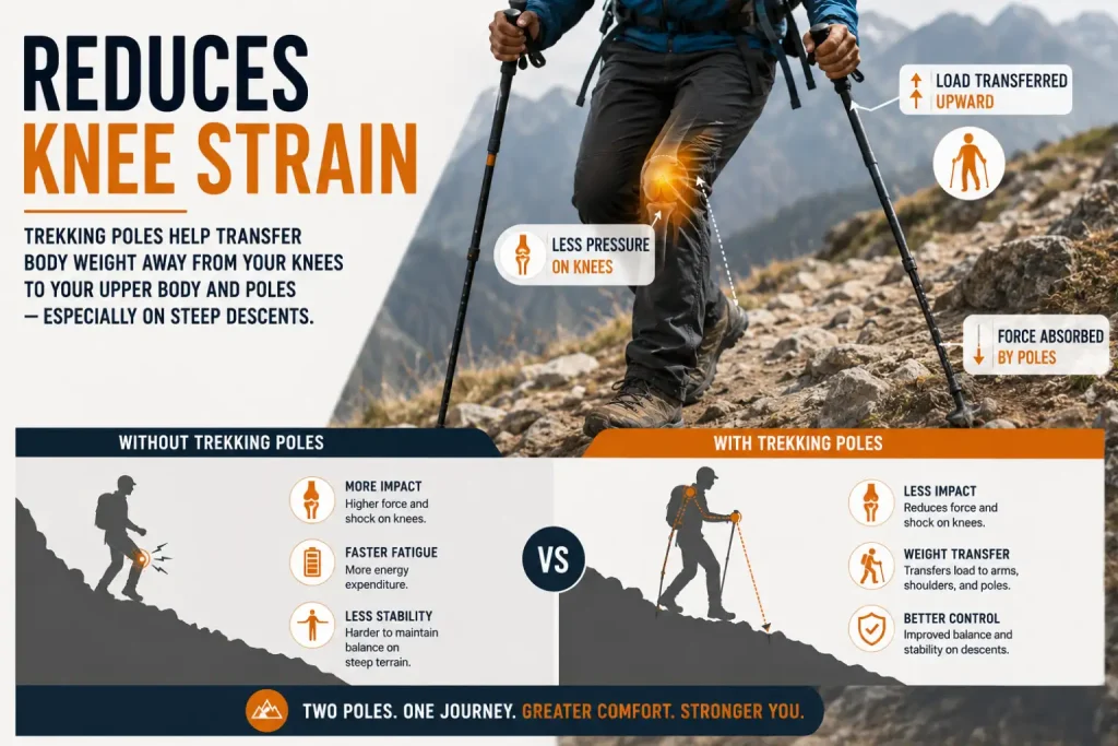 Why Every Trekker Should Carry a Trekking Pole on Himalayan Treks – A Complete Guide 2 Trekking poles reducing pressure on knees during steep descent