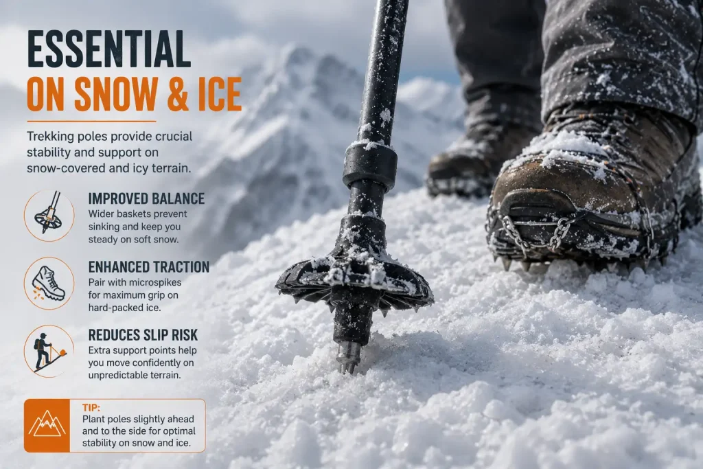 Why Every Trekker Should Carry a Trekking Pole on Himalayan Treks – A Complete Guide 3 Trekking pole and microspikes on snowy Himalayan trekking trail
