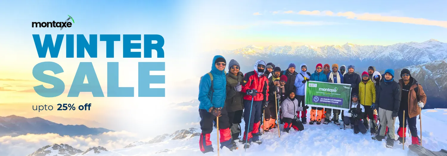 Montaxe Winter Sale banner featuring a group of trekkers in winter clothing on a snow-covered Himalayan mountain, with offers up to 25% off.